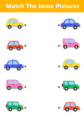 Naklejka premium Picture Matching Worksheet for Preschool. Educational activity with cute car illustration. Educational fun game for children.