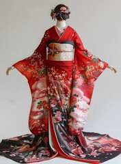 Naklejka premium A woman wearing a red kimono with floral patterns