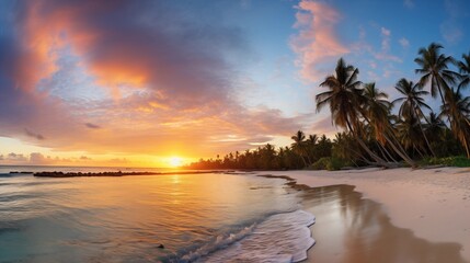 A Serene Tropical Sunset Viewed from a Palm Tree-Lined Beach