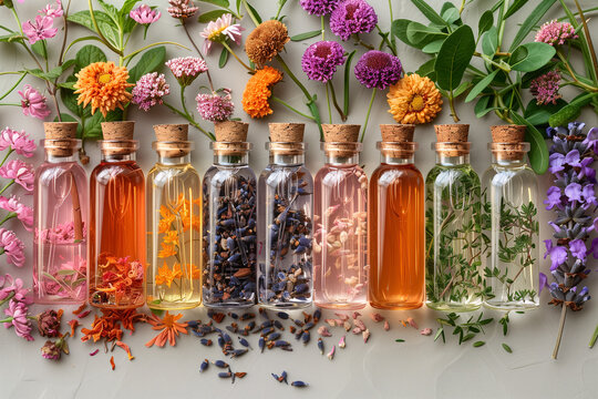 Glass vials with different perfume extracts surrounded by fresh and dried botanical elements