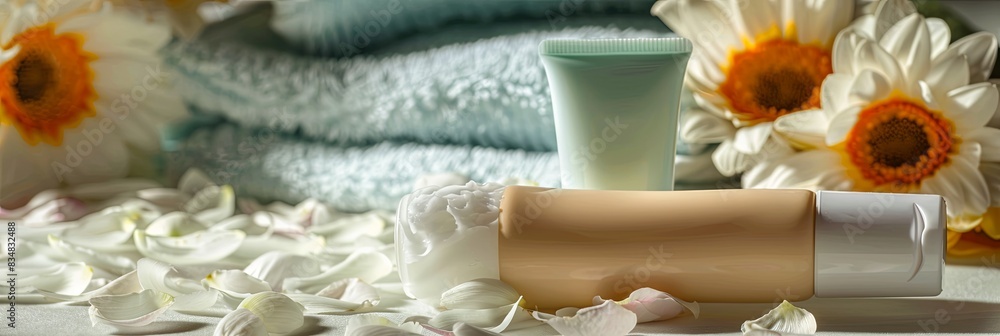 Poster cream tubes on a background of soft towels and white flower petals, creating a luxurious and invitin