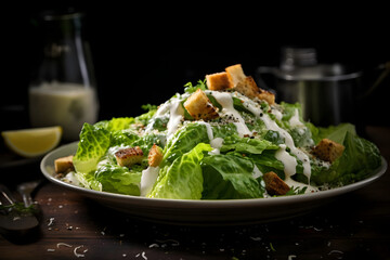 caesar salad, classic salad, crisp romaine, caesar dressing. generative ai