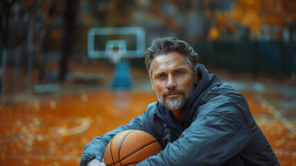 Pensive man holding a basketball on a vibrant, empty outdoor basketball court