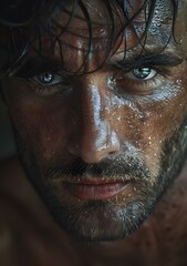 Obraz premium Portrait of a young man with water on his face