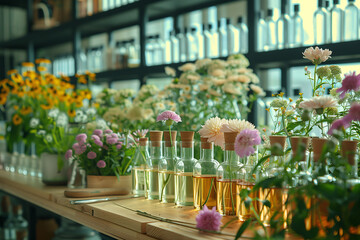 Perfume workshop setting with various natural ingredients, beakers, and glass jars filled with botanicals