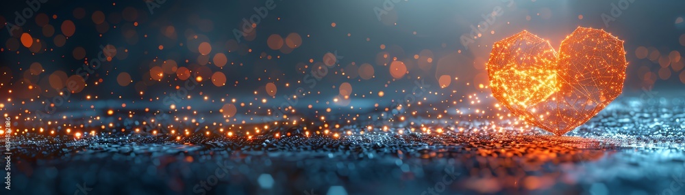 Poster a digital abstraction of a glowing heart made of orange particles and light on a dark, bokeh backgro