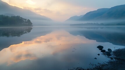 Fototapeta premium A peaceful dawn lakeside, mist over tranquil waters, mountains majestic. Dawn light reflects serenely.