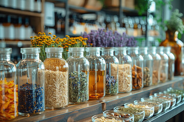 Perfume workshop setting with various natural ingredients, beakers, and glass jars filled with botanicals