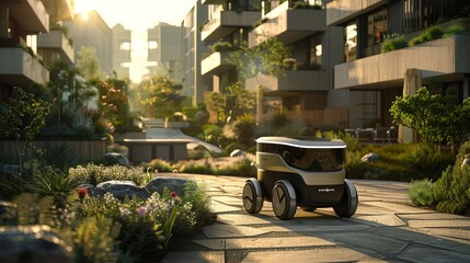 A futuristic, autonomous vehicle drives through a modern city with lush greenery and a warm sunrise.
