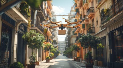 Fototapeta premium A narrow, sun-drenched street lined with charming buildings, a delivery drone hovering overhead. The image evokes a sense of peaceful urban life.