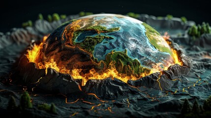The image shows a planet on fire. The planet is cracked and the flames are coming out of the cracks. The planet is surrounded by a ring of fire.