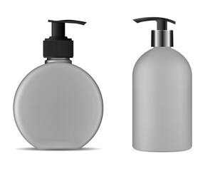 Hand soap pump bottle mockup. Shampoo dispenser package. 3d vector blank. Beauty and hygiene product pack design. Skin care conditioner gel pet package