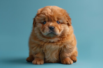 A chubby Golden Retriever puppy with a soft, fluffy coat, sitting against a blue background, looking directly at the camera with an innocent expression.