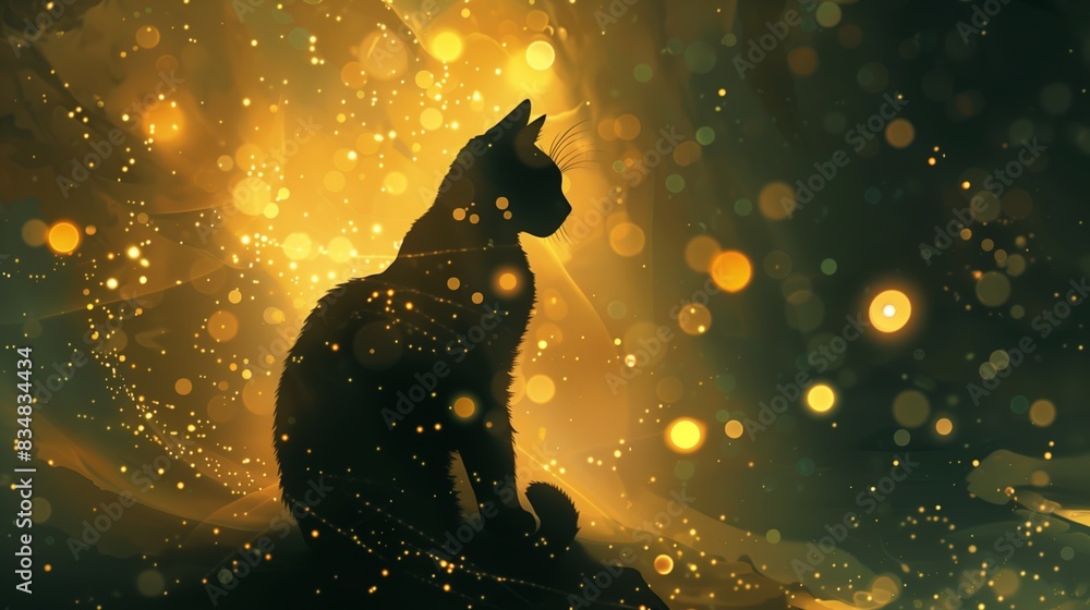 Poster a silhouetted cat in a majestic pose, surrounded by floating shapes and glowing particles; an enchan