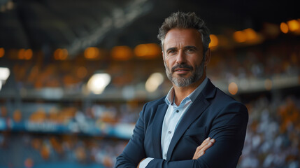Portrait of a professional Brazilian manager with a confident stance in a bustling stadium, dressed...