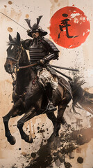 Naklejka premium Galloping into Glory: The Unstoppable Samurai Warrior on Horseback Conquering the Fields of Honor and Tradition