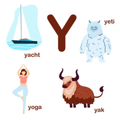 Preschool english alphabet. Y letter.  Yeti, yoga,yacht, yak. Alphabet design in a colorful style. Educational poster for children. Play and learn.
