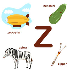 Naklejka premium Preschool english alphabet. Z letter. Zeppelin, zucchini, zebra, zipper. Alphabet design in a colorful style. Educational poster for children. Play and learn.