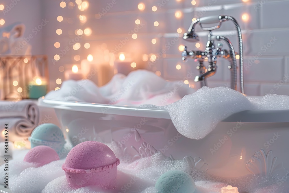 Aufkleber a close-up of a bathtub filled with foamy bubbles and colorful bath bombs, creating a relaxing and l