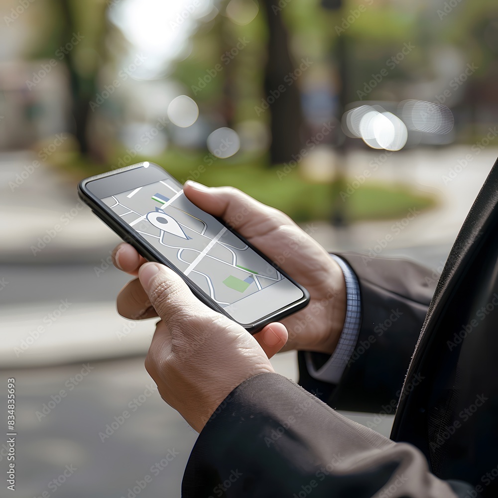 Aufkleber close up of a man in a suit using a smartphone with a map app and location pin on the screen