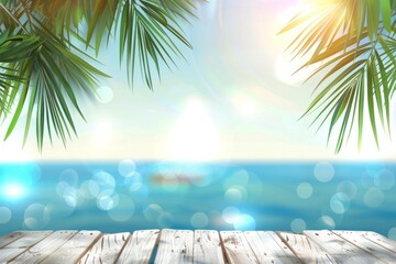 Abstract blurred background with a white wooden table top and palm tree leaves on a summer beach background