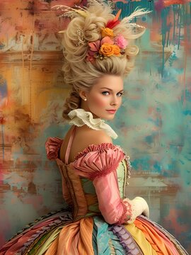 A rococo woman dressed in bright colors, with an elaborate hair style. Teal and orange background.