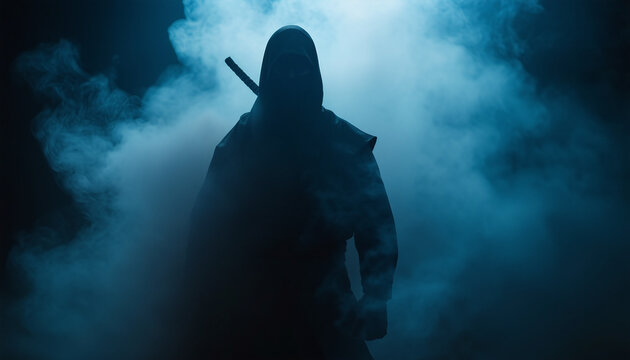 silhouette of a ninja fighter in smoke and fog
