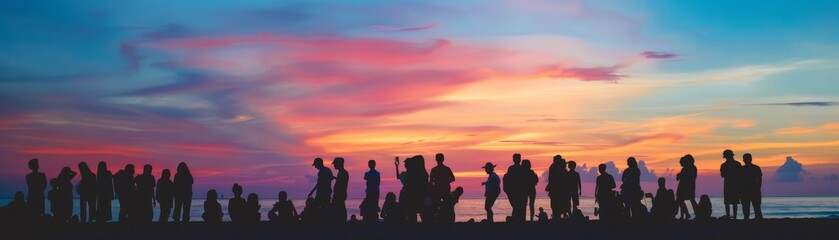 Fototapeta premium Silhouettes of People Against a Vibrant Aurora Borealis Sky: A Breathtaking Travel Photography Background, 4K HD Wallpaper