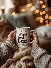 A person holding 'World's Best Dad' coffee mug, cozy environment.