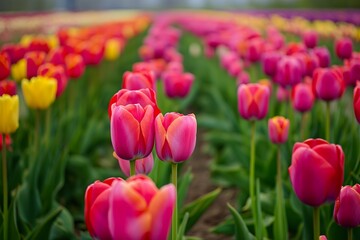 A vibrant field of pink and yellow tulips in full bloom, creating a breathtaking floral display under the sun.