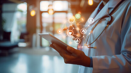 doctor holding an tablet with medical icons floating above it, representing the integration of technology in healthcare and remote patient communication
