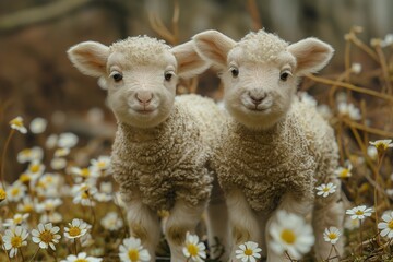 Obraz premium Two sheep standing amidst a sea of daisies in a serene springtime field.