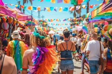 Obraz premium Pride Festival is bustling with activities, featuring colorful decorations and food vendors.