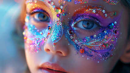 Close-up of a young girl wearing a colorful glitter mask.