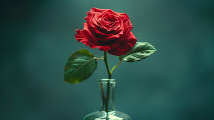 Fototapeta premium A single red rose in a glass vase against a dark background.
