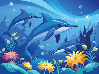 Cartoon drawing dolphins in the seascape-