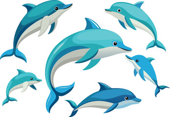 Cartoon drawing dolphins in the seascape-