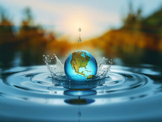 A globe splashing into water with a droplet above it, symbolizing environmental conservation, global impact, and the importance of water resources