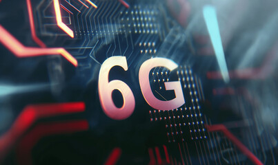  Close-up of a 6G technology concept, featuring digital circuitry and the bold "6G" text, highlighting the next-generation network and ultra-high-speed connectivity