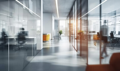 Fototapeta premium Bright and open office space with glass partitions and blurred motion of people, showcasing a modern and professional working environment with sleek design elements