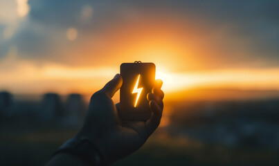 A hand holding a battery with a glowing lightning bolt symbol against a sunset backdrop, symbolizing clean energy and solar power