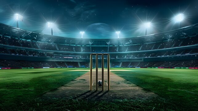 Modern sport stadium at night and cricket field with wicket ready for the match. Professional sports background for advertisement.