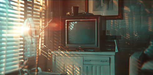 A retro VHS effect featuring distorted footage with visible tracking errors The grainy visuals and muted hues reflect the nostalgic charm of oldschool technology, emphasizing a vintage appeal