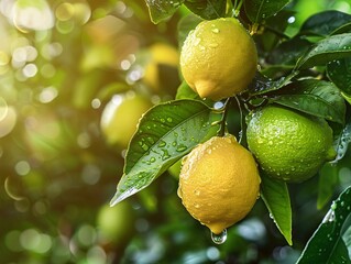 Three water-droplet-covered lemons on tree