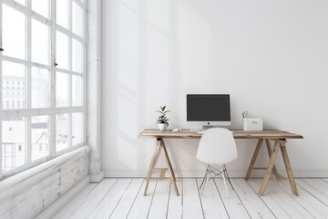 Modern Home Office Interior. Comfortable office chair near table with modern computer. Scandinavian Style Attic Modern Home Office Interior. Stylish workplace for bloggers. Home design. White walls.
