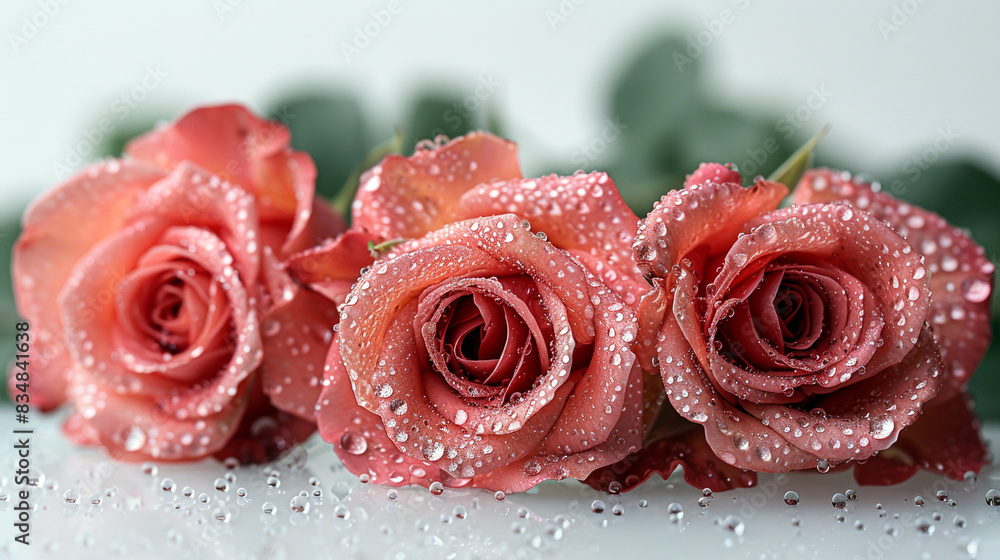 Poster AI generated illustration of three red roses with water droplets on petals