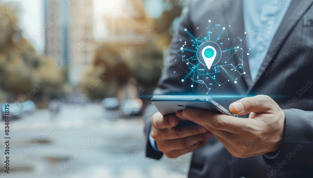 Fototapete close up of a man in a suit using a smartphone with a map app and location pin on the screen