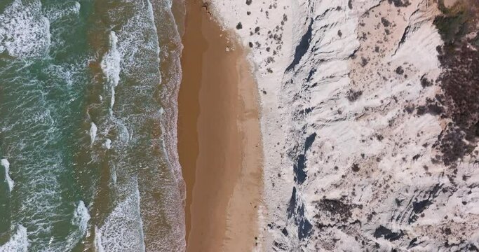 Top Down Aerial View Above Sandy Beach at Stair of the Turks Tourist Destination in Sicily, Italy