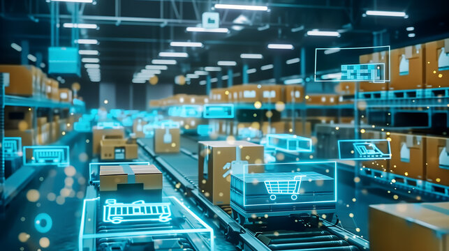 ecommerce warehouse with boxes on conveyor belts and glowing digital cart icons floating above them, representing the integration of technology in urban logistics for online shopping - Powered by Adobe