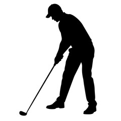 A golfer is preparing to make a swing on the golf course, seen as a silhouette against the sky